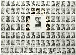 Many rows of portraits of men and women. Only seven photos are women. The photos of the men are blurry and the photos of the women are highlighted. 